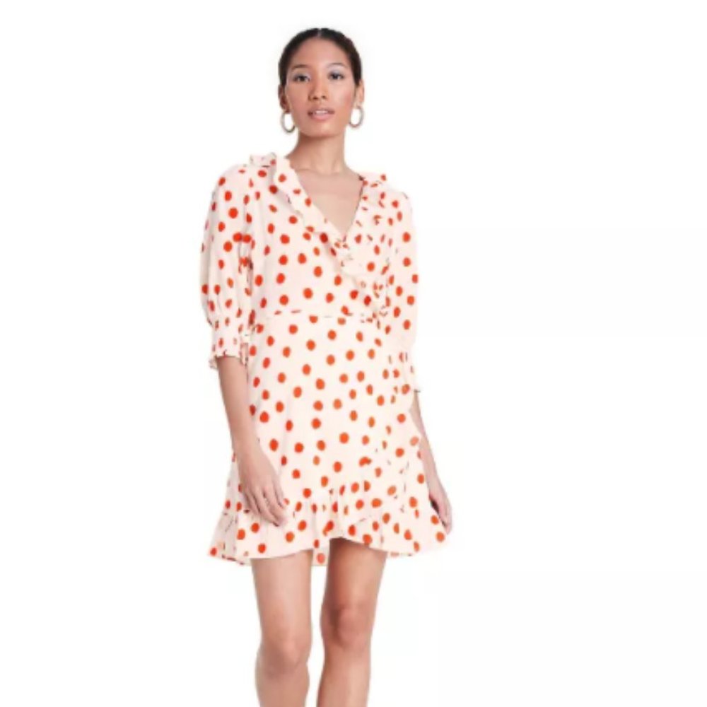 ‎ Polka Dot Puff Sleeve Ruffle Wrap Dress